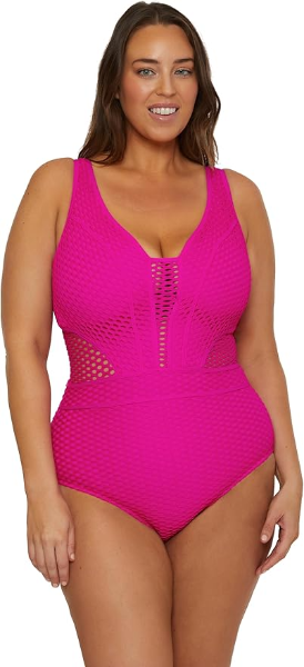 The best plus size plunge one piece swimsuit by BECCA 2026 on a white background