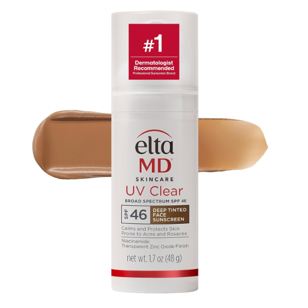 The best dermatologist-office tinted mineral sunscreen for dark skin by EltaMD 2026 on a white background
