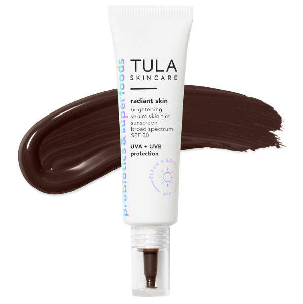 The best brightening tinted sunscreen for dark skin by TULA 2026 on a white background