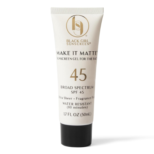 The best matte sunscreen for oily dark skin by Black Girl Sunscreen 2026 on a white background