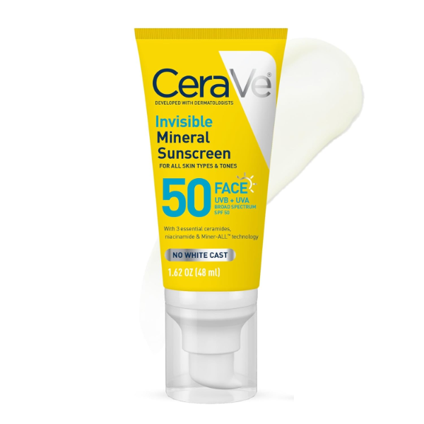 The best invisible mineral sunscreen for acne-prone dark skin by CeraVe 2026 on a white background