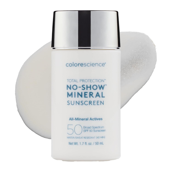 Colorescience Total Protection No Show Mineral Sunscreen SPF 50 the best zero white cast mineral sunscreen for mens deeper skin tones 2026 on a white background