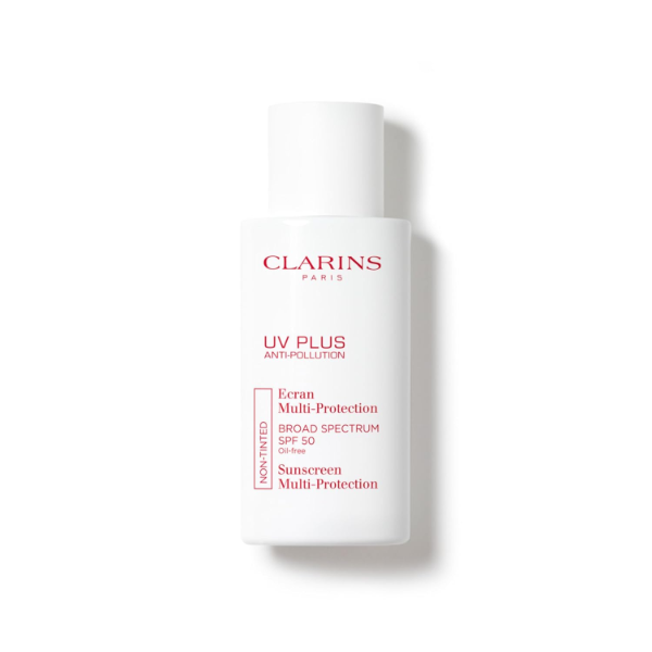 Clarins UV Plus Anti Pollution SPF 50 the best protective sunscreen for mens skin in urban polluted environments 2026 on a white background