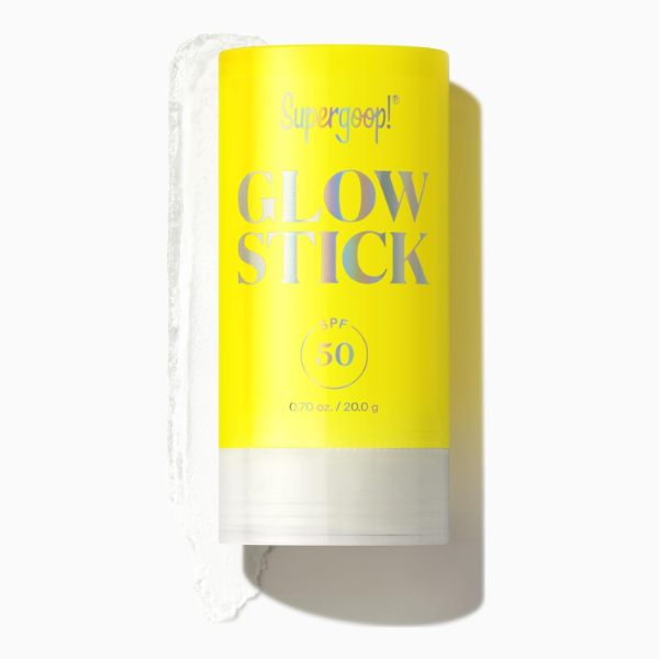 Supergoop Glow Stick SPF 50 the best dewy finish sunscreen stick for mens dry skin on the go 2026 on a white background