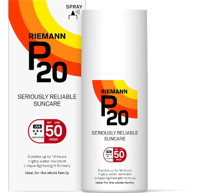 Riemann P20 Once a Day SPF 50 Spray the best long wear sport sunscreen for marathon runners 2026 on a white background