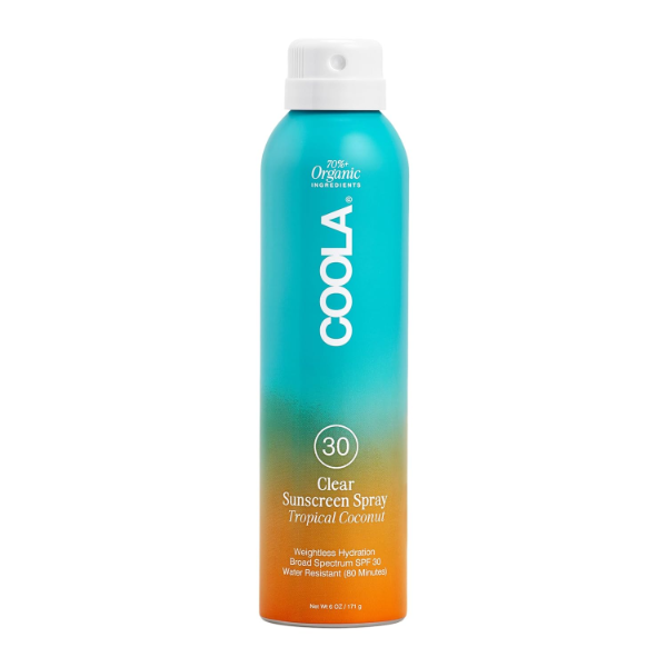 Coola Organic Sunscreen SPF 30 Spray the best reef friendly sport sunscreen for surfers and swimmers 2026 on a white background