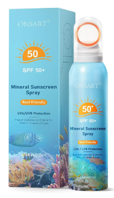 Onsart Mineral Spray Sunscreen SPF 50 the best mineral sport spray for surfers and open water swimmers 2026 on a white background