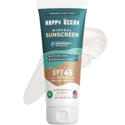 Happy Ocean SPF 45 Biodegradable Reef Safe the best biodegradable sport sunscreen for ocean sports 2026 on a white background