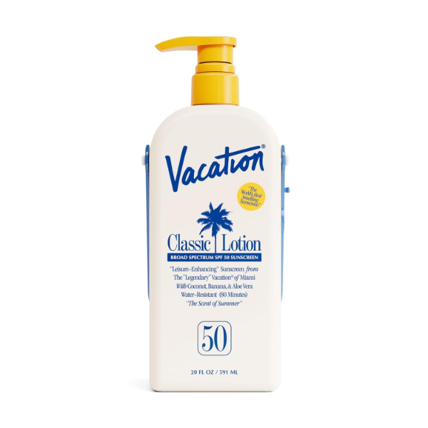 Vacation Classic Lotion SPF 50 Sun Jug the best family size sport sunscreen for team sports and beach days 2026 on a white background