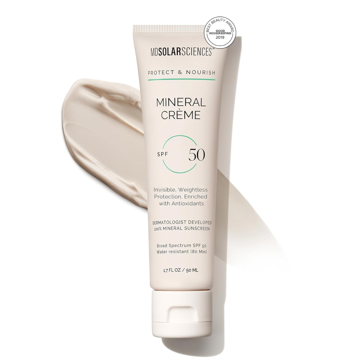 MDSolarSciences Mineral Crème SPF 50 2026, matte mineral sunscreen with no white cast on a white background