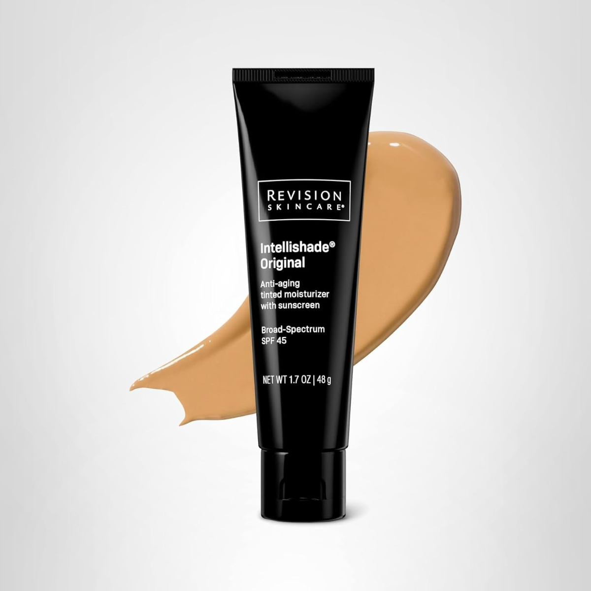 Revision Intellishade Original SPF 45 2026, dewy anti-aging tinted sunscreen for dry mature skin on a white background