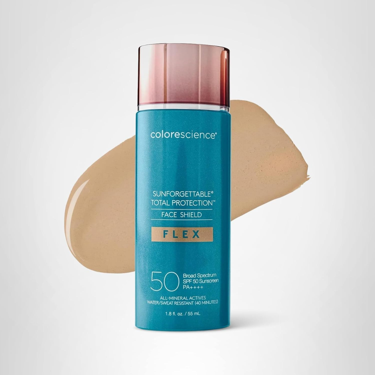 Colorescience Face Shield Flex SPF 50 2026, tinted sunscreen with four flexible shades on a white background