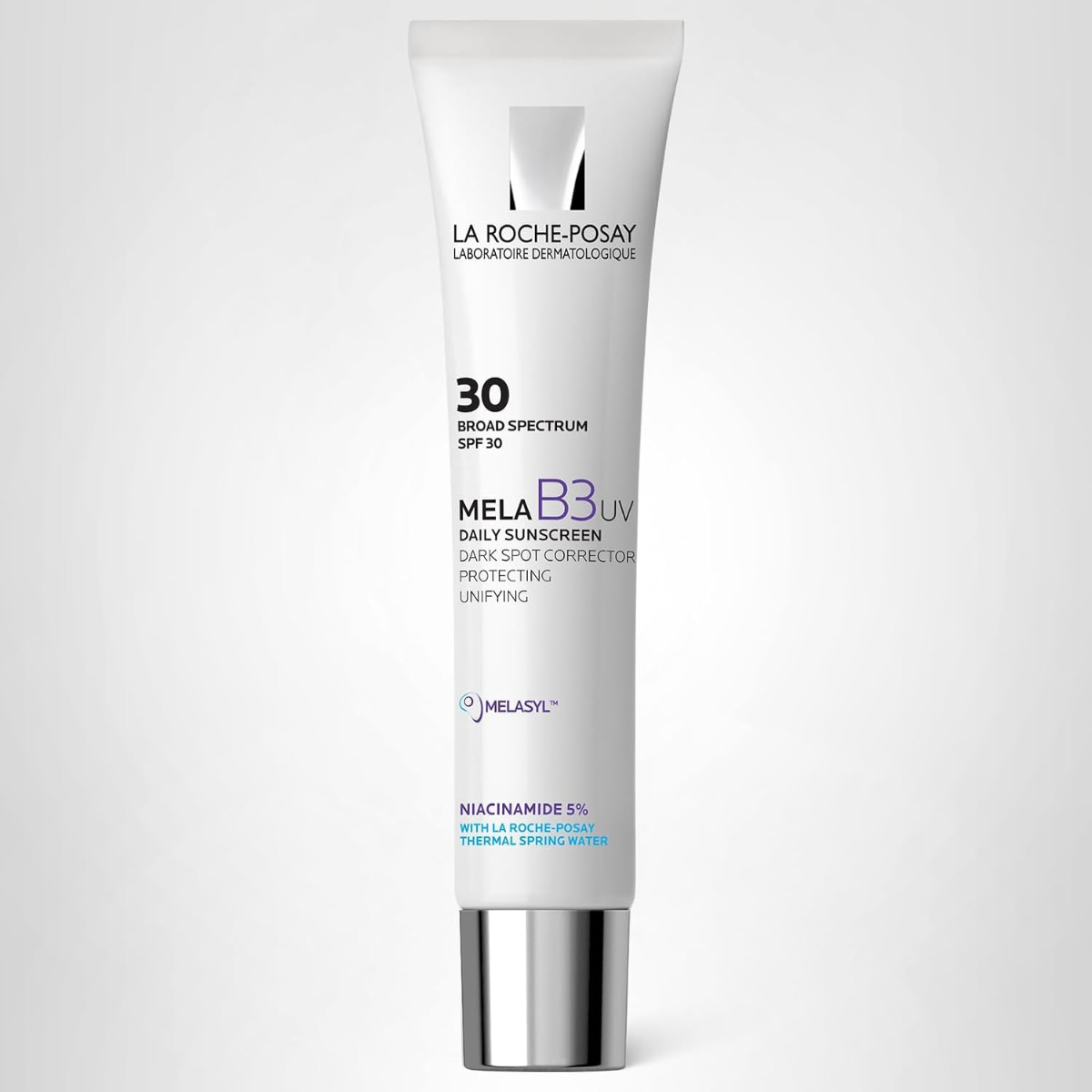 La Roche-Posay Mela B3 UV SPF 30 2026, untinted treatment sunscreen with niacinamide on a white background