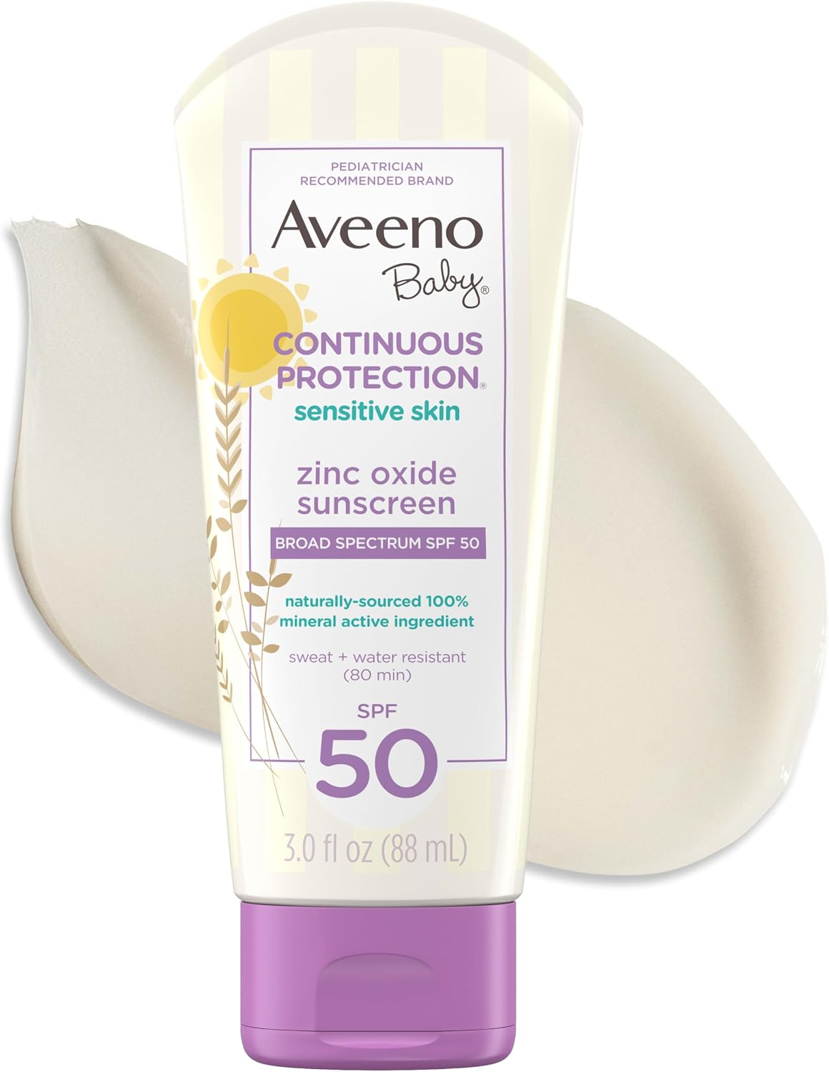 The best drugstore zinc oxide mineral sunscreen for sensitive babies by Aveeno Baby 2026 on a white background
