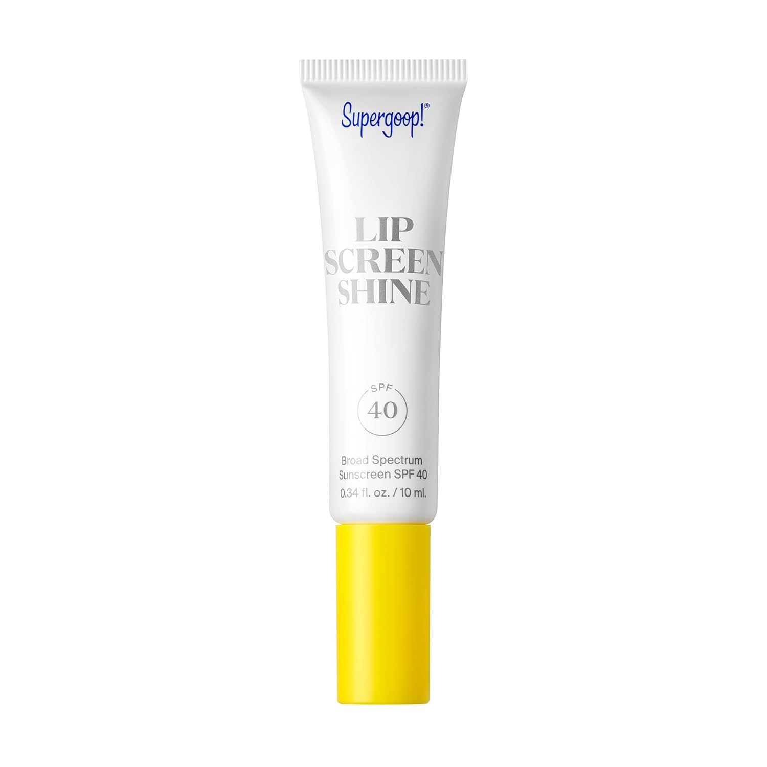The best sheer shiny lip sunscreen for everyday wear by Supergoop 2026 on a white background