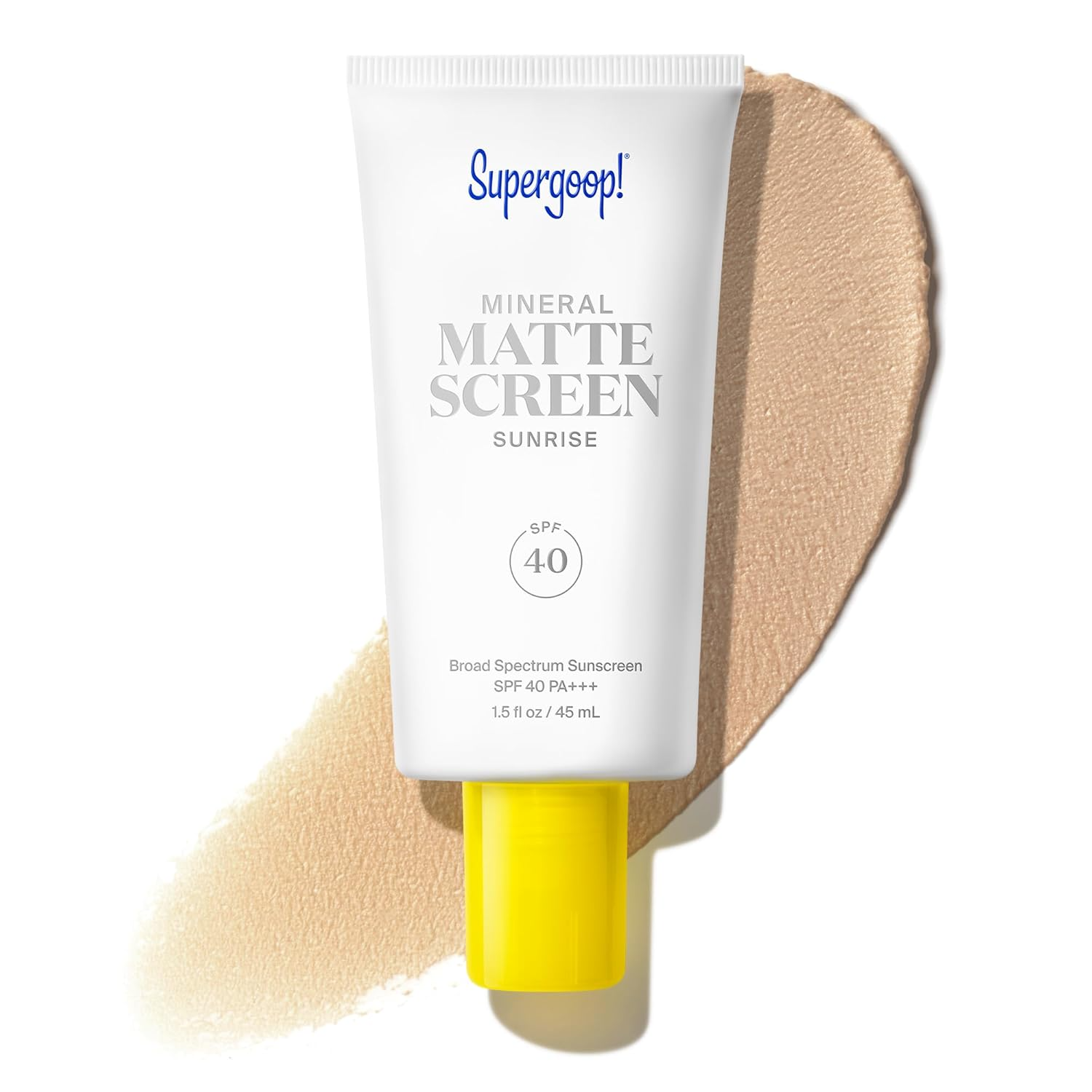 The best matte mineral sunscreen for oily redness-prone skin by Supergoop 2026 on a white background