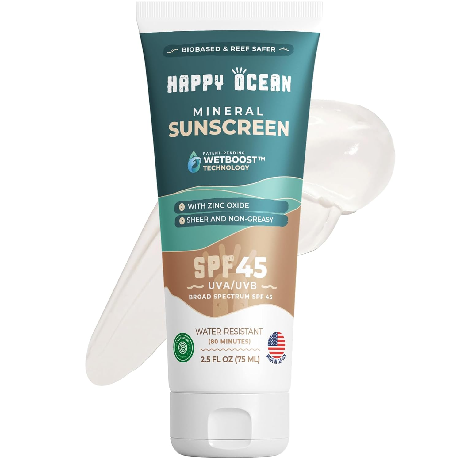The best biodegradable reef-safe sunscreen by Happy Ocean 2026 on a white background