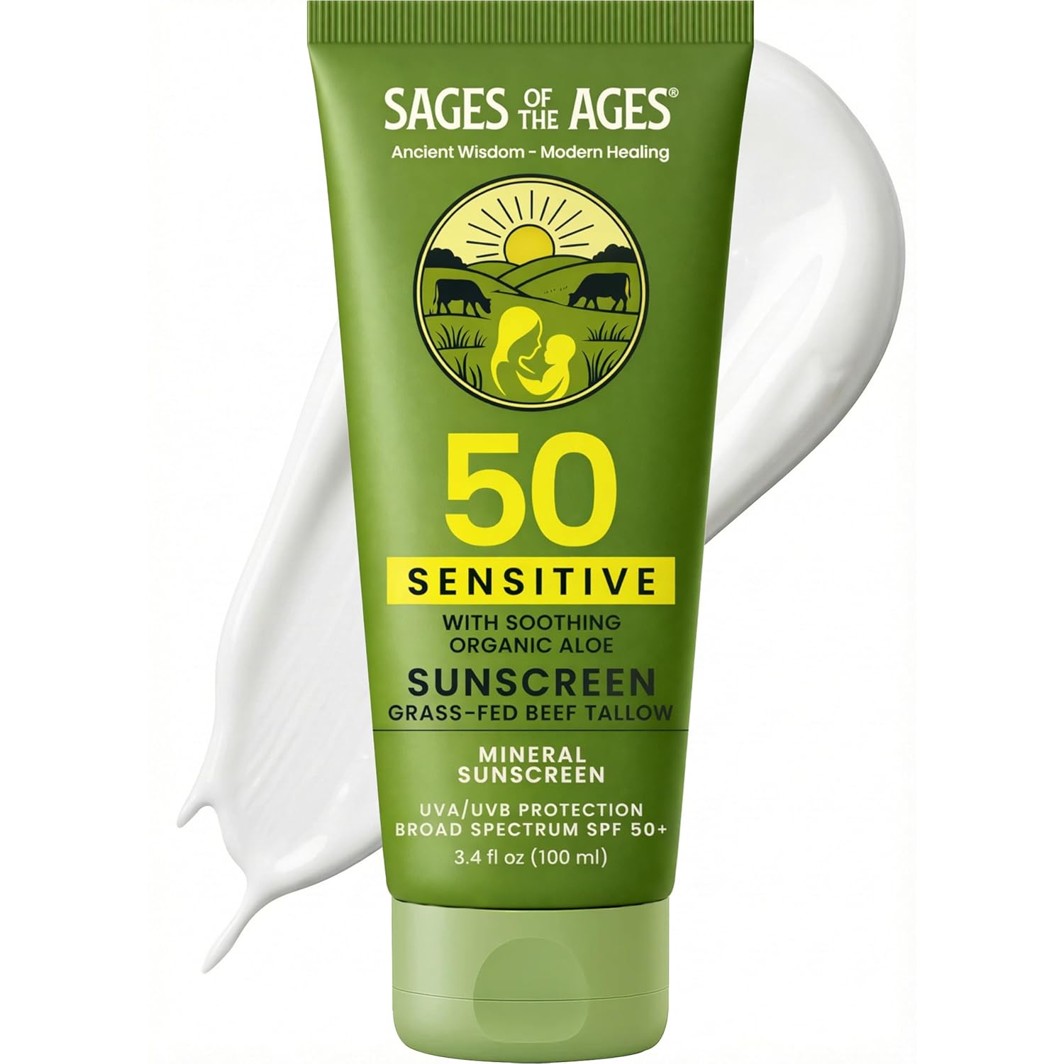 The best tallow-based mineral sunscreen by Sages of the Ages 2026 on a white background