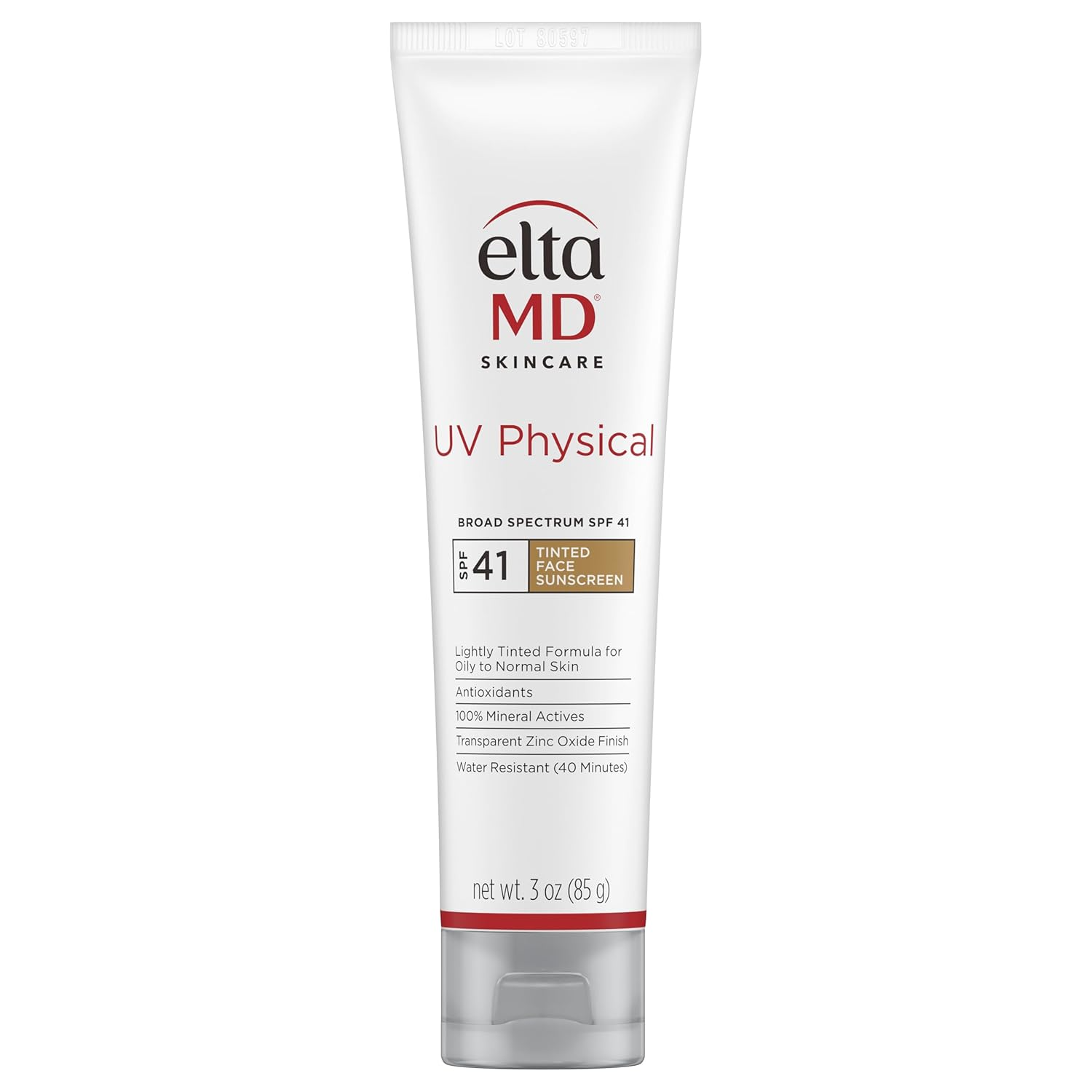 The best tinted mineral matte sunscreen for oily acne-prone skin with marks by EltaMD 2026 on a white background