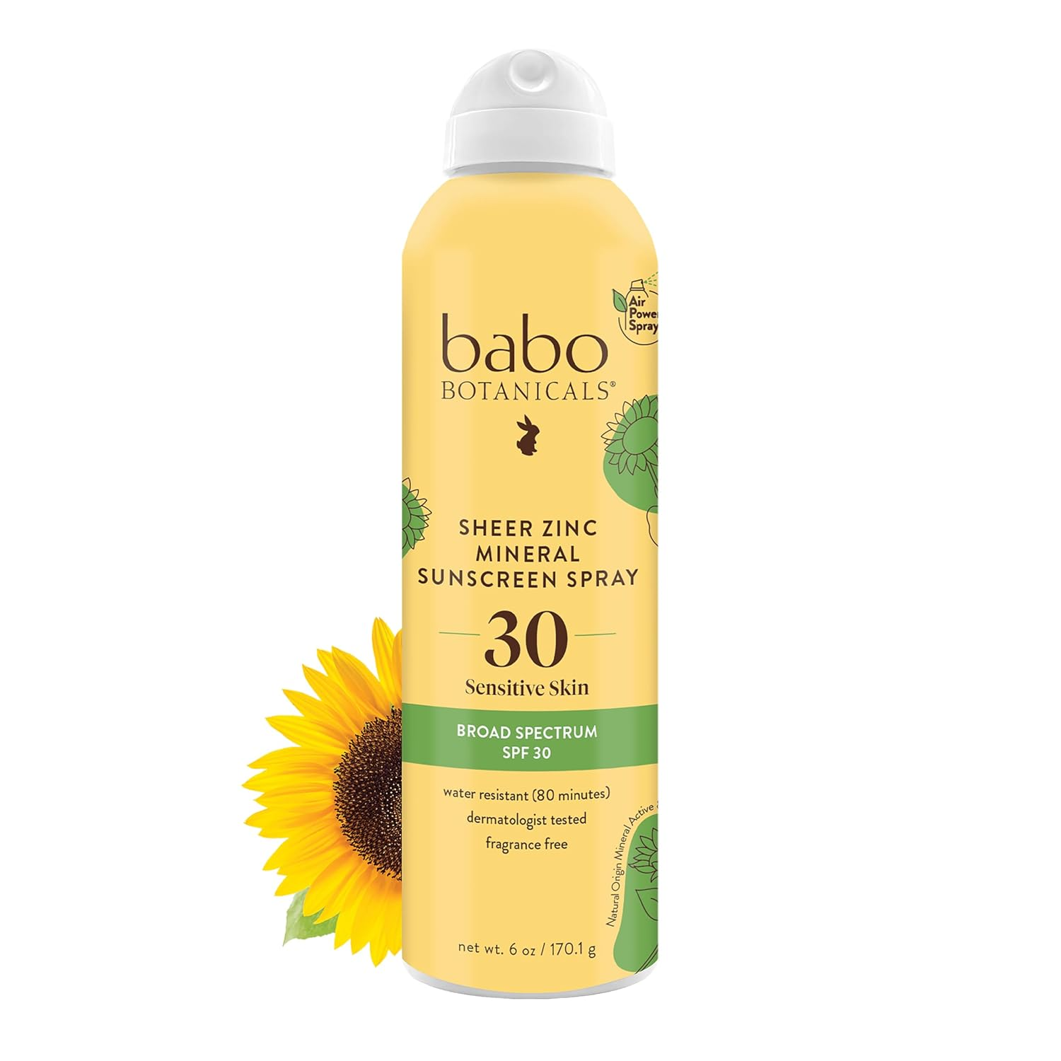 The best fragrance-free mineral sunscreen spray for sensitive skin by Babo Botanicals 2026 on a white background