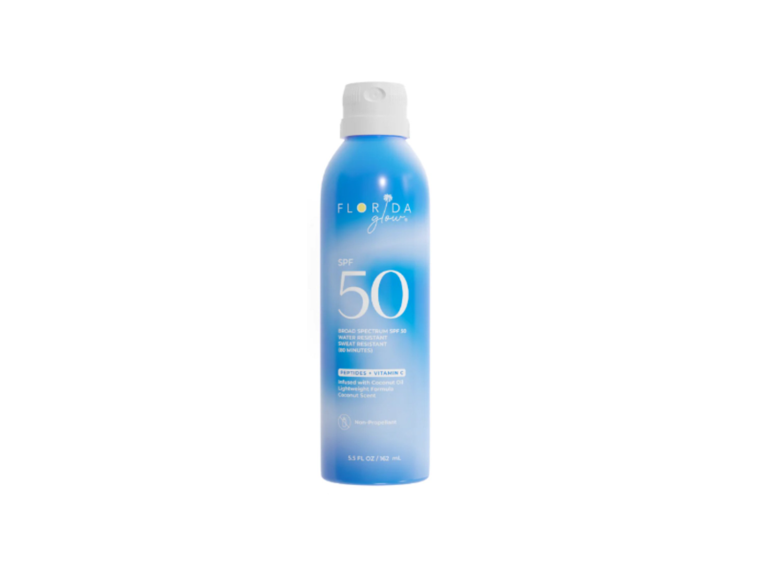 The best reef-compliant coconut sunscreen spray by Florida Glow 2026 on a white background