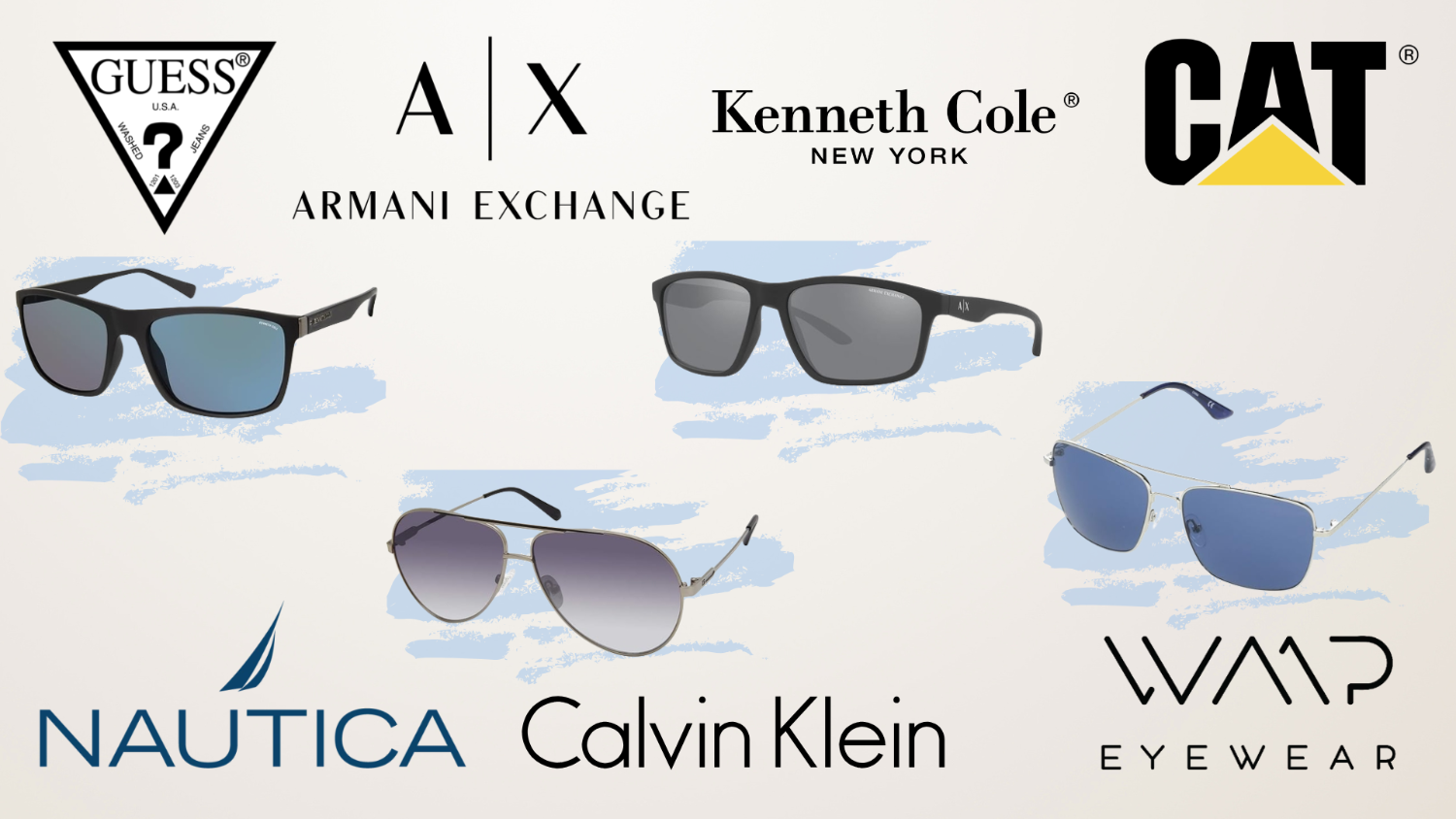 Cheap sunglasses for men under $50 USD featuring GUESS, Armani Exchange, Calvin Klein, CAT, Nautica, and Kenneth Cole on a soft beige background