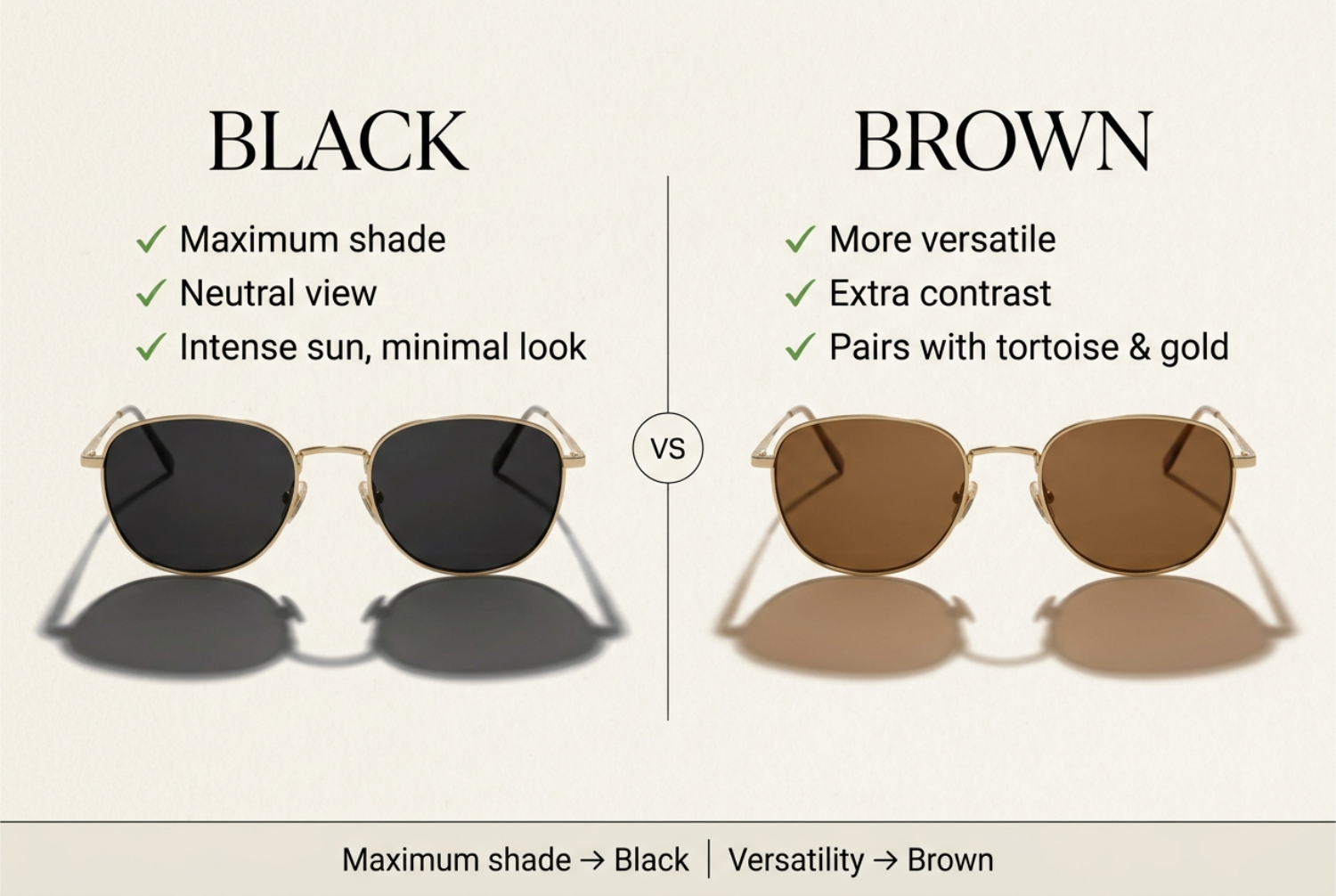Brown vs black sunglasses comparison of shade level, contrast, and style.