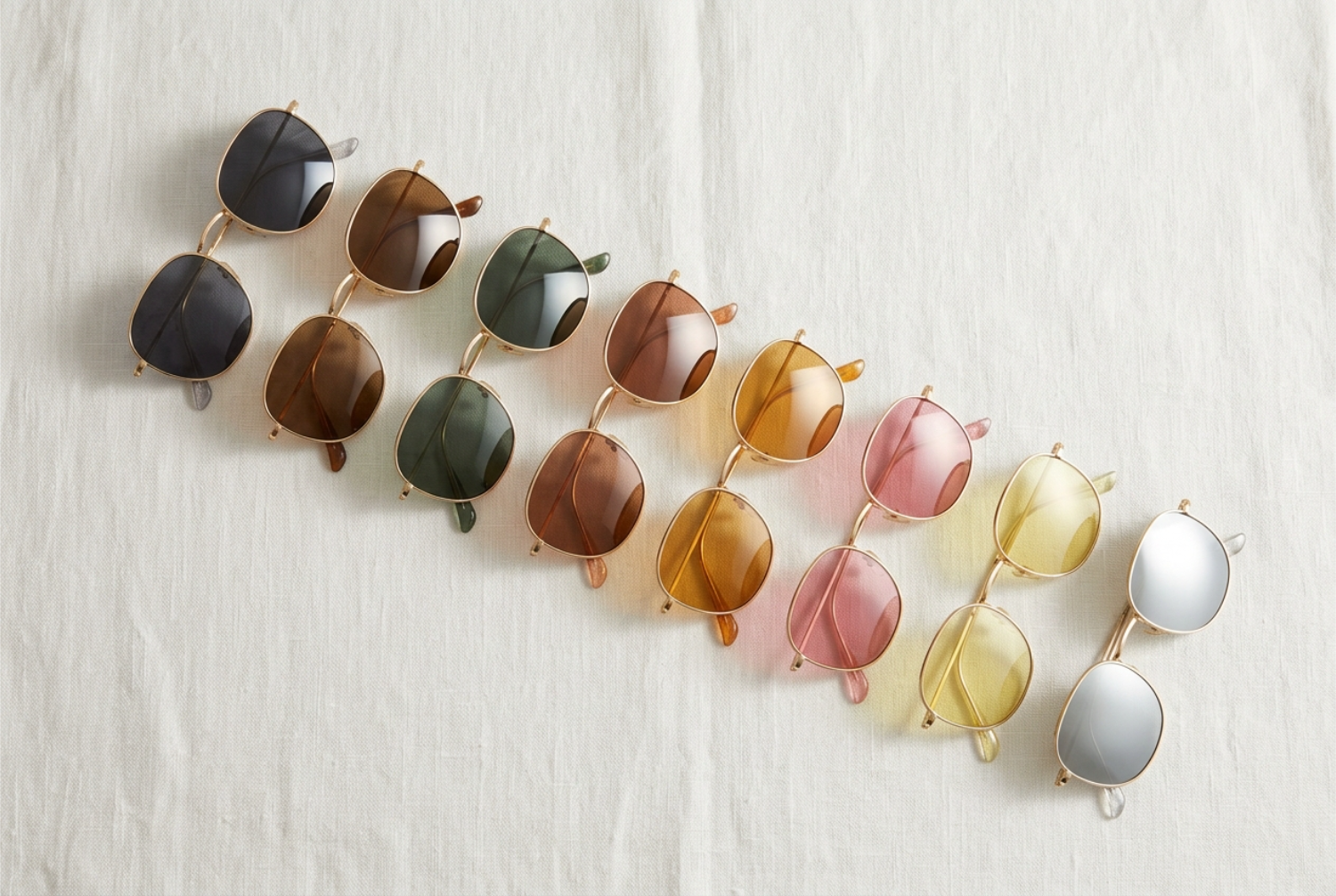 Sunglass lens colors compared side by side, from gray and brown to amber, rose, yellow, and mirrored tints, 2026