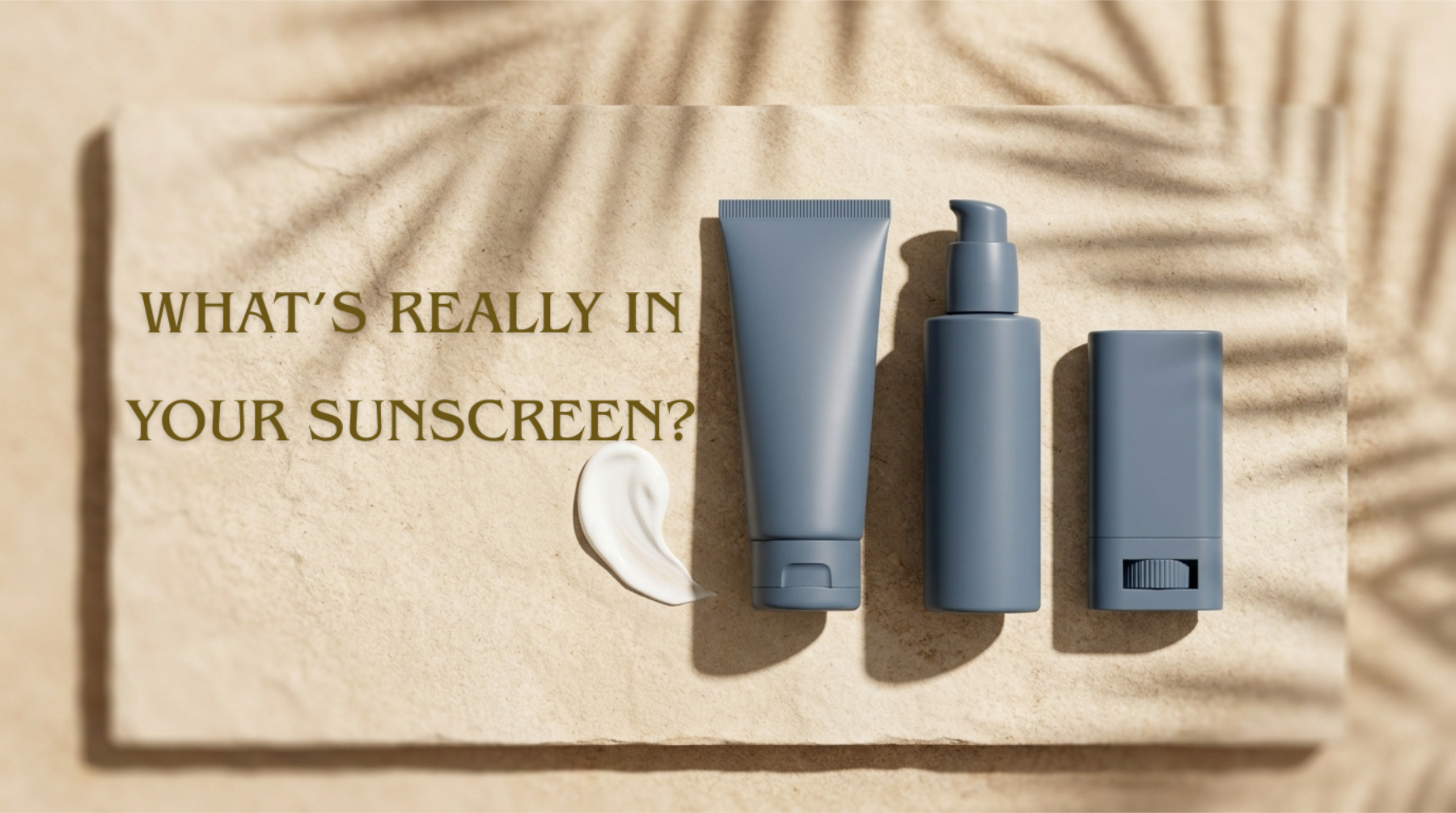 Safe sunscreen ingredients guide 2026 with unbranded sunscreen tube, pump, and stick on cream stone