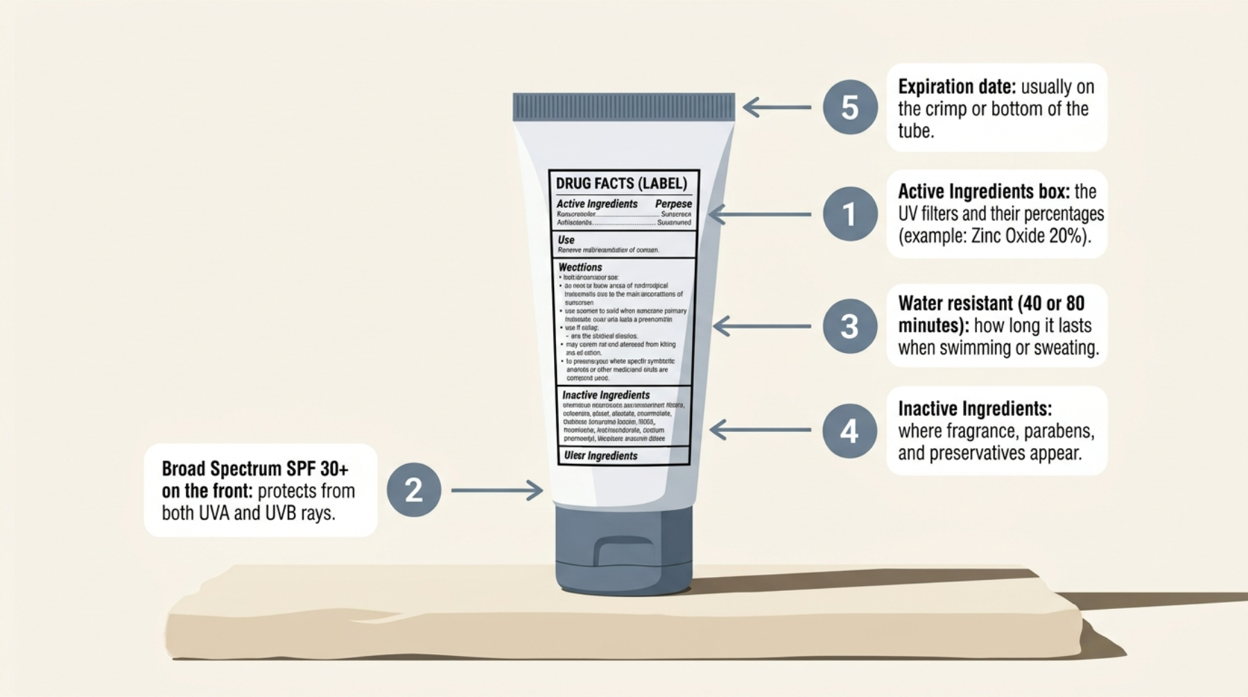 How to read a sunscreen label 2026, with active ingredients, SPF, and inactive ingredients marked