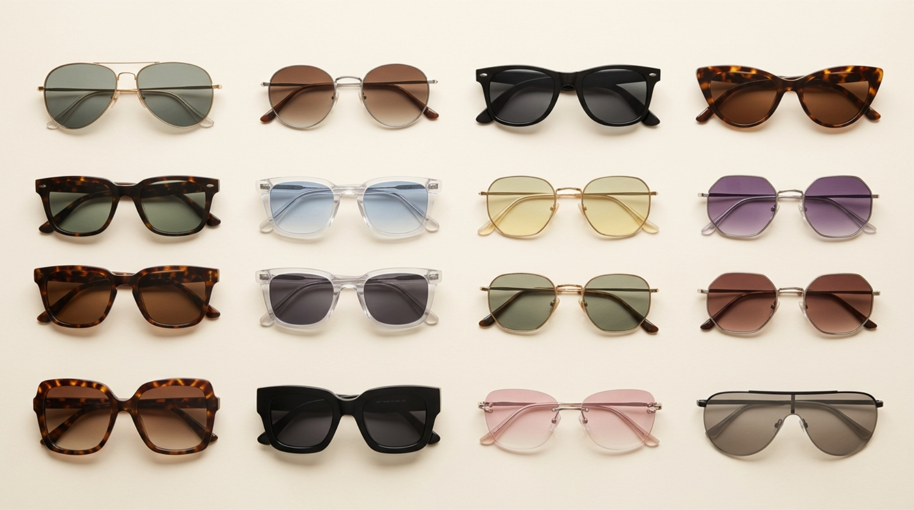 Types of sunglasses flat lay showing 12 frame shapes, from aviator and cat-eye to hexagonal and shield, 2026
