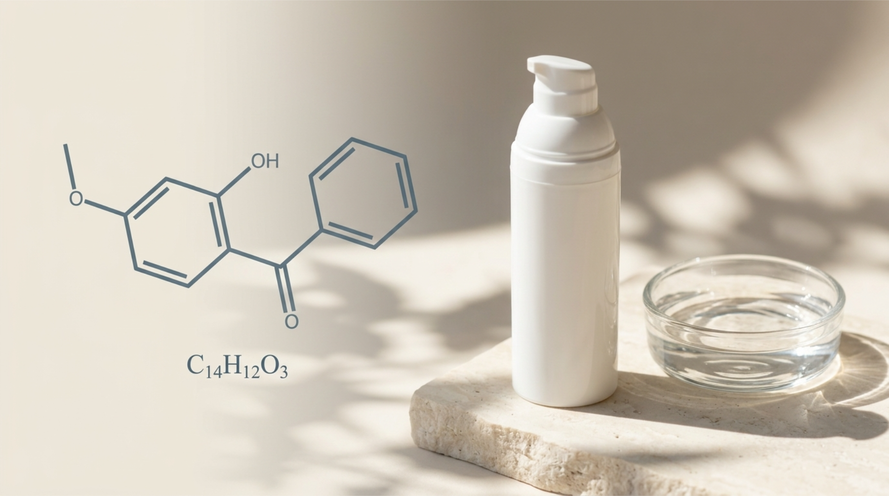 What is oxybenzone in sunscreen 2026, unbranded sunscreen bottle with the oxybenzone molecule structure