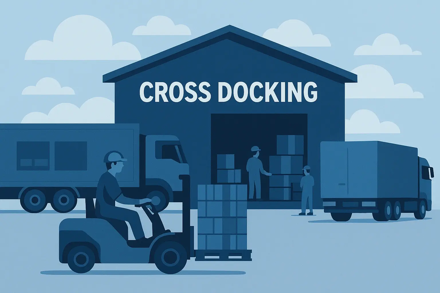 Animeret billede af en truck og lastbiler foran en hal