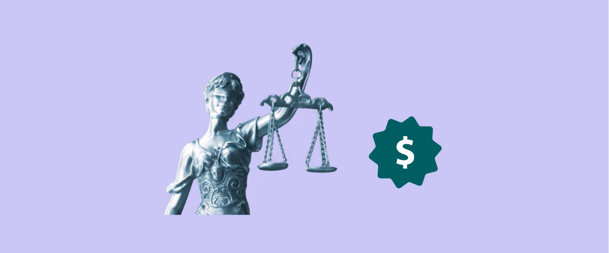 Blue statue of Lady Justice holding scales beside a green dollar badge