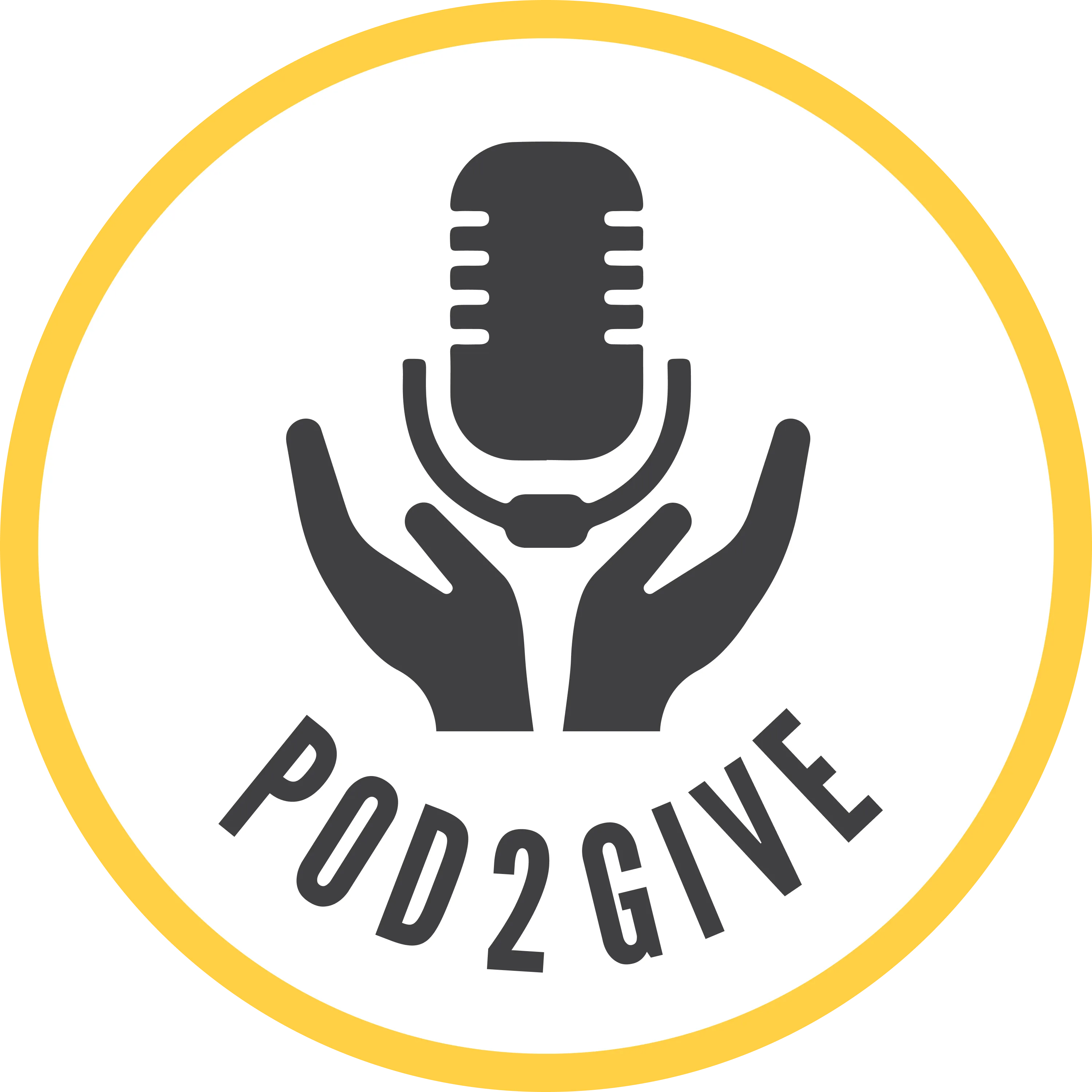 Podcast logo with microphone held by two hands and the text POD2GIVE, which is Legacy: Life reflections philanthropic scheme