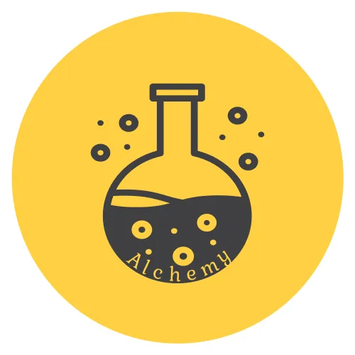 An icon of a bubbling scientific flask with the word alchemy on it, representing the brand and founder stories on the show