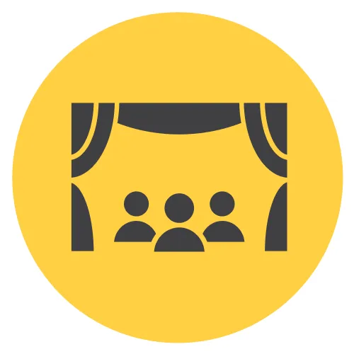 An icon of a theater stage with audience silhouettes, representing the Legacy: life Reflections live shows