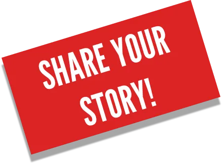 Red banner with motivational message "Share Your Story!" to encourage guests to be on the Legacy: Life Reflections show