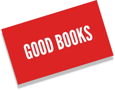 Red banner with white text saying 'GOOD BOOKS'