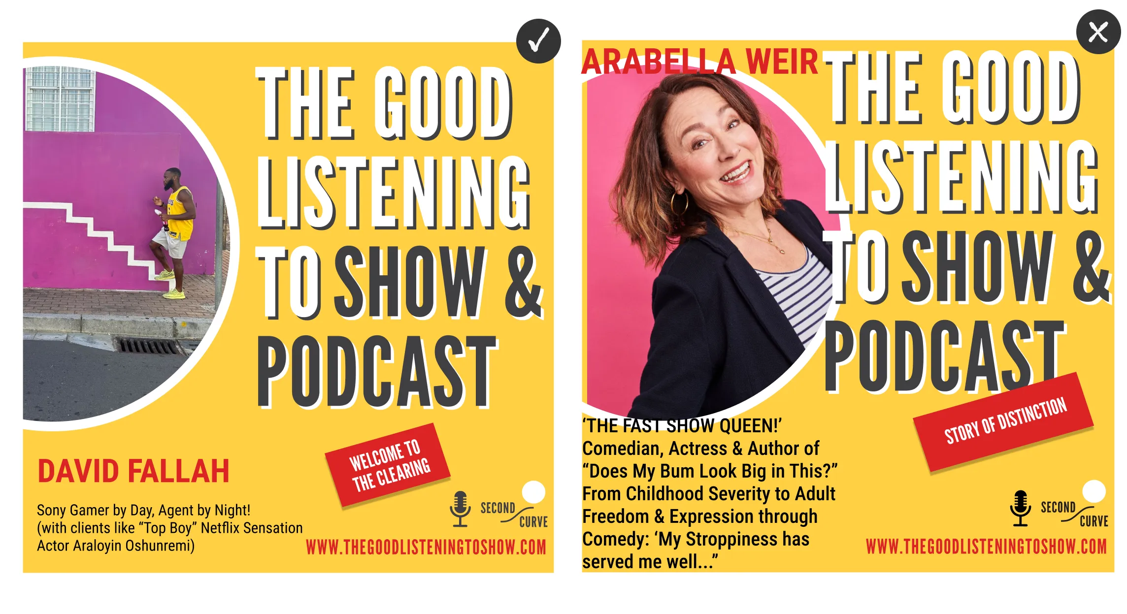 Podcast promotional assets for The Good Listening To Show with two guests