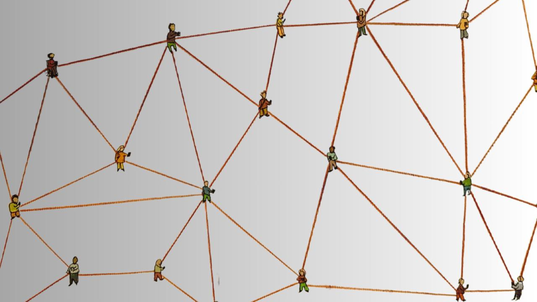 Several small cartoon representations of people are linked by brown handdrawn lines representing a network