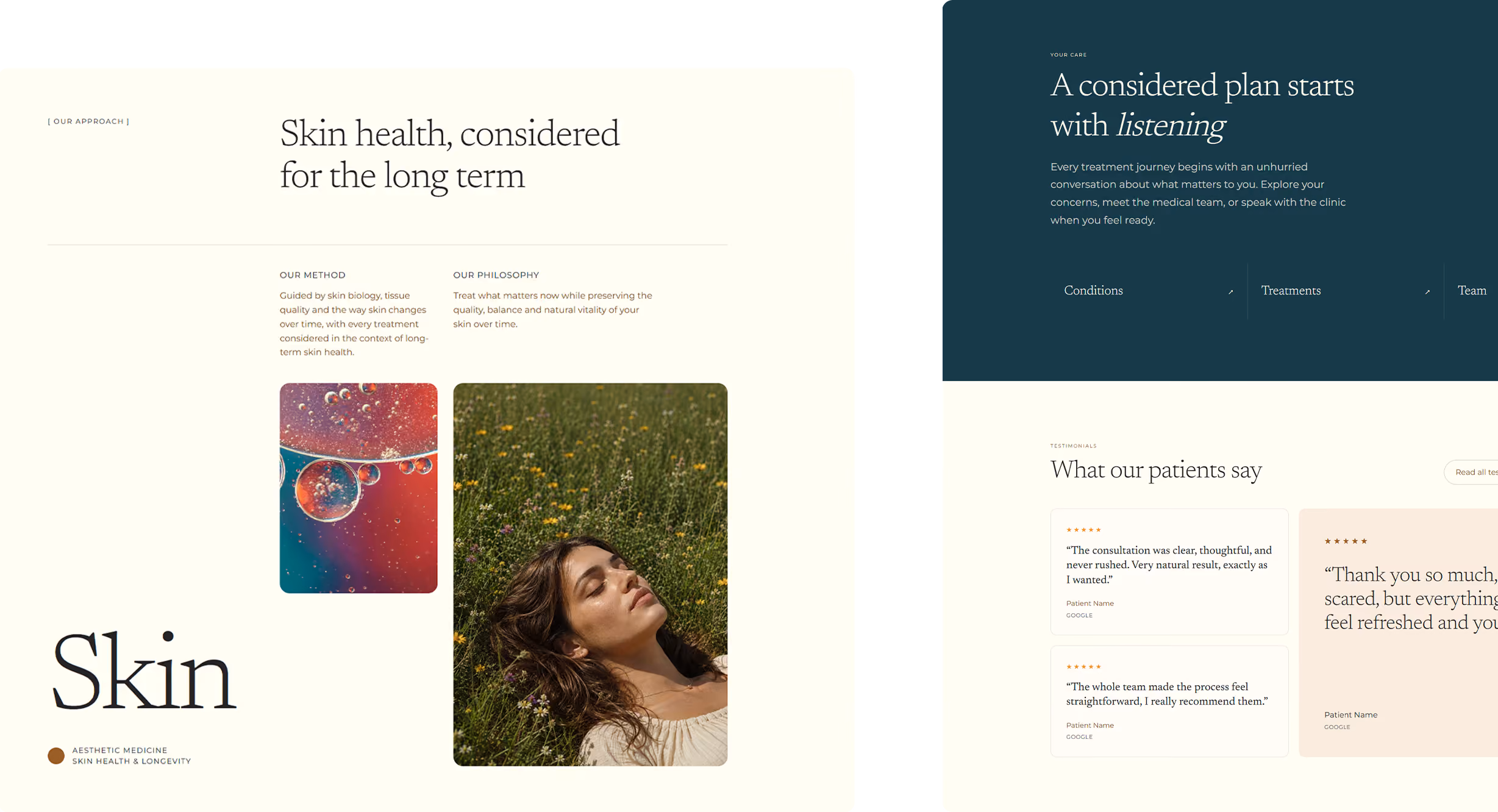 Vale Clinic skin health and patient testimonial layouts