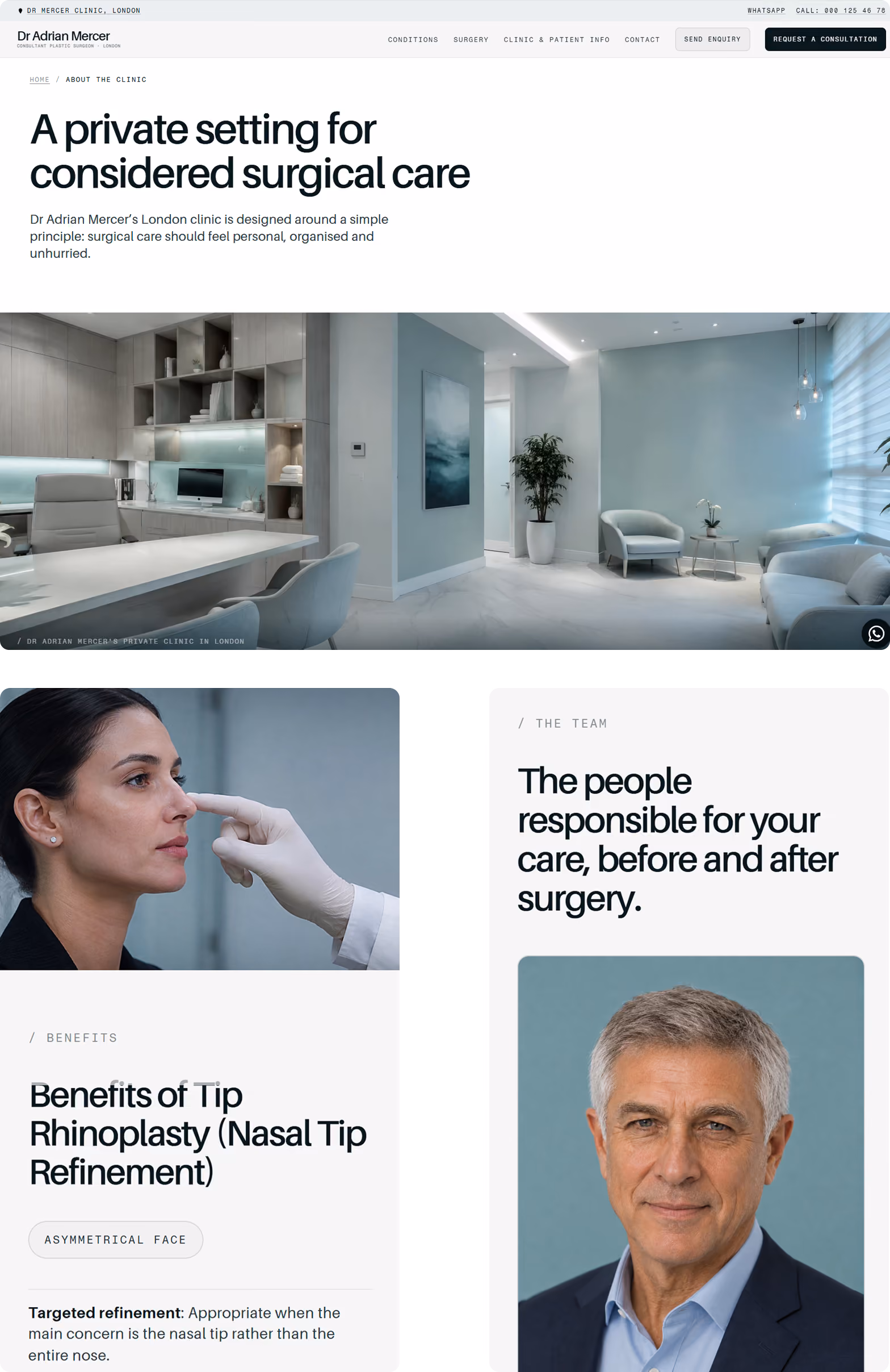 Minimal editorial clinic website page layouts