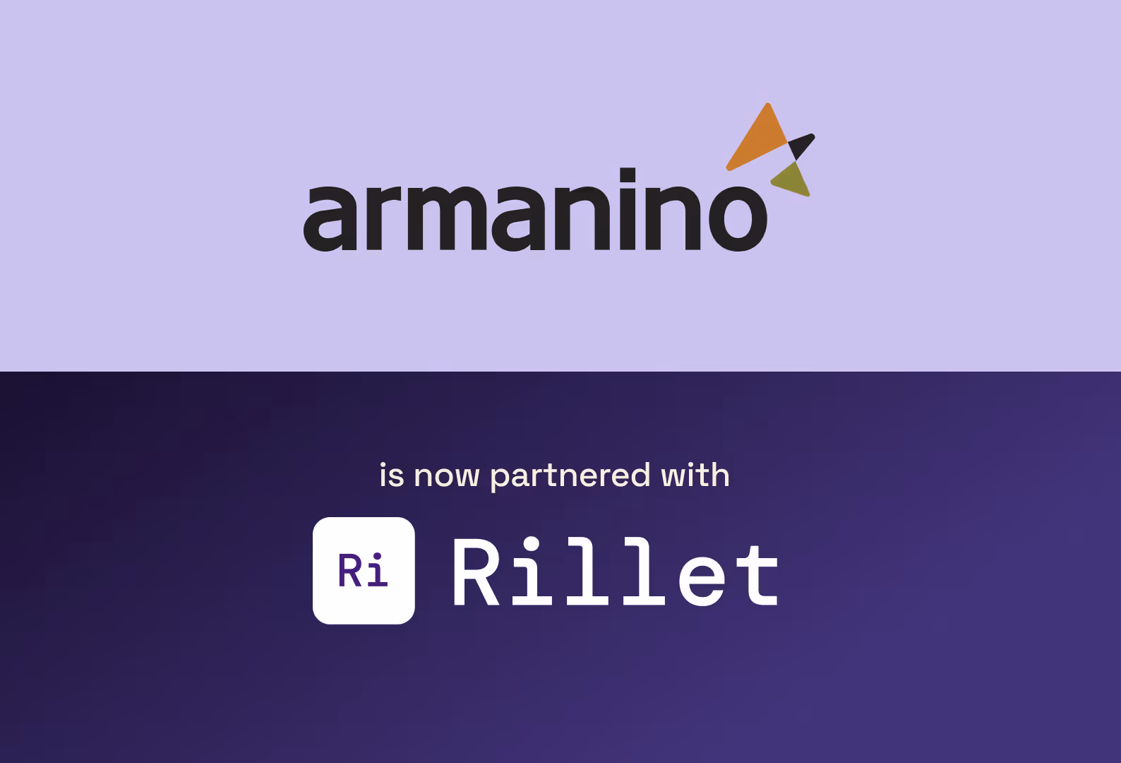 Rillet announces strategic partnership with Armanino, featuring company logos on a purple background.