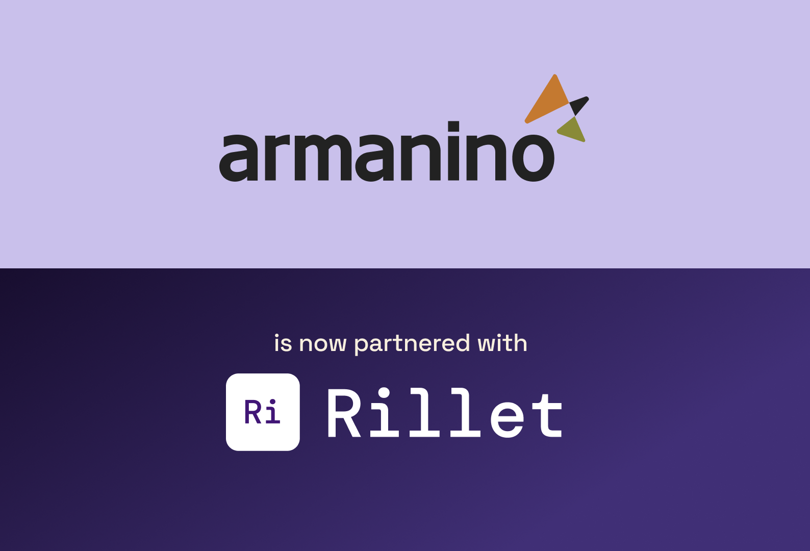 Rillet announces strategic partnership with Armanino, featuring company logos on a purple background.