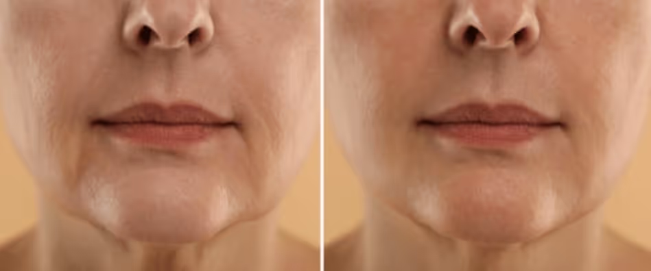 Before and after facial fat grafting focused on the lower face.