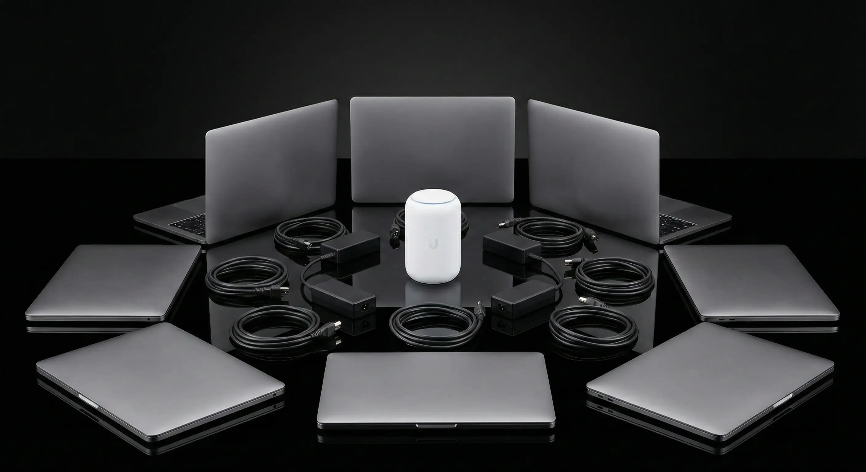 nine apple macbook pro laptops, cables, and a Unifi router on a glossy black desk arranged in a circle.