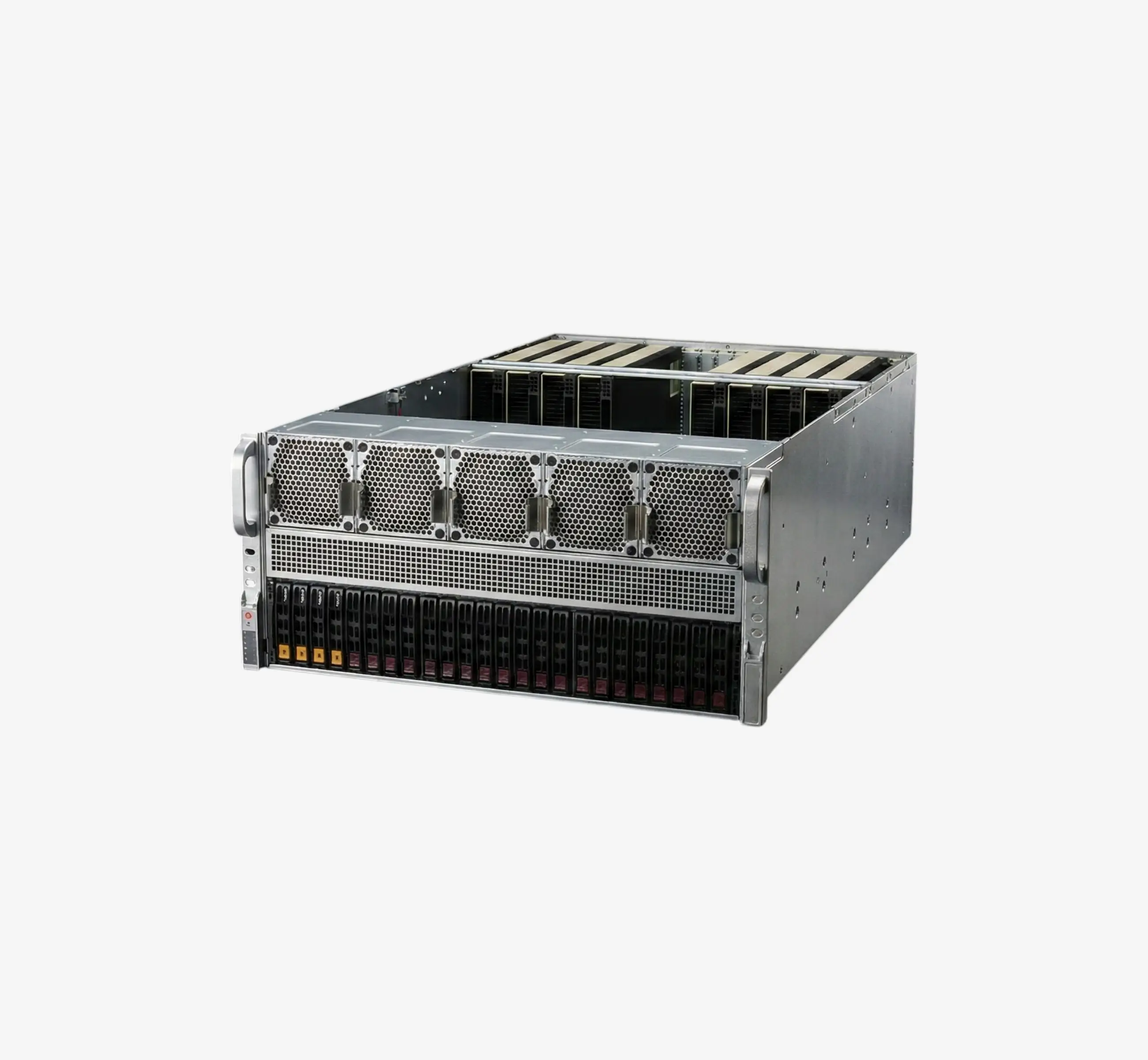 A supermicro 8x GPU pCIE Ai server chassis with lid off, on a white background.