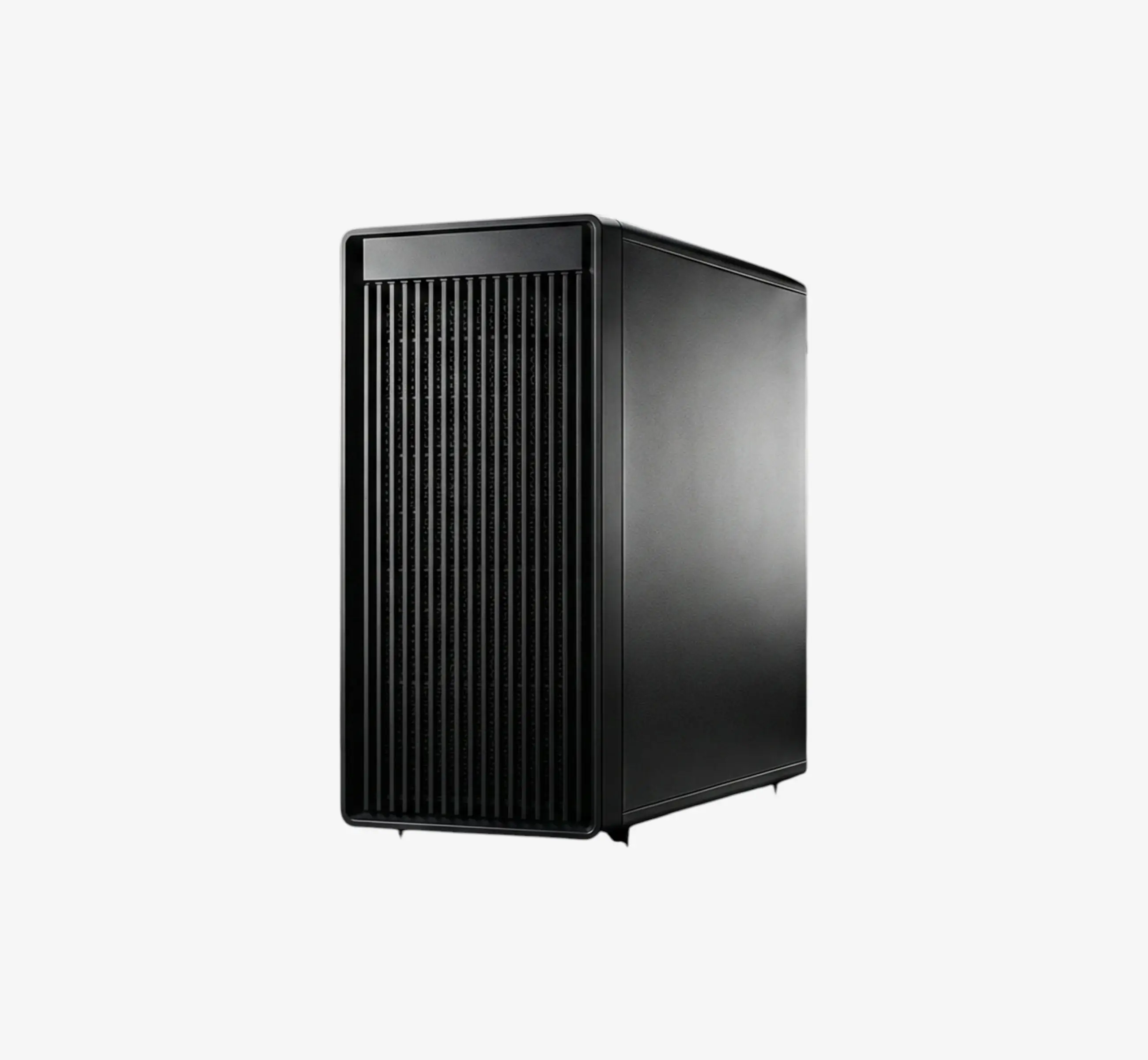 A desktop computer, black fractal case with front grille on a white background.