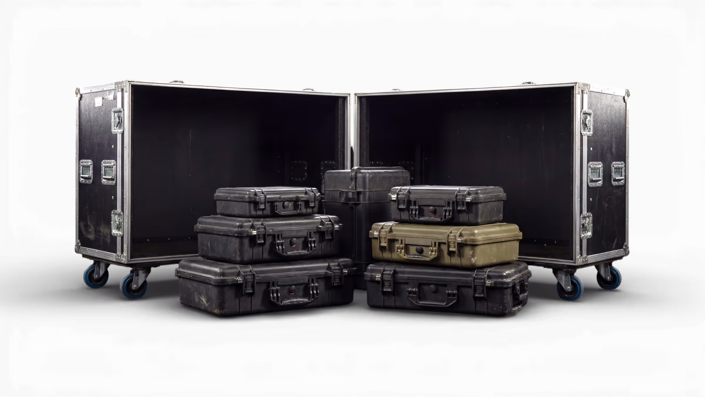 Two large open black equipment cases on wheels with multiple smaller black and one green hard protective cases stacked in front.